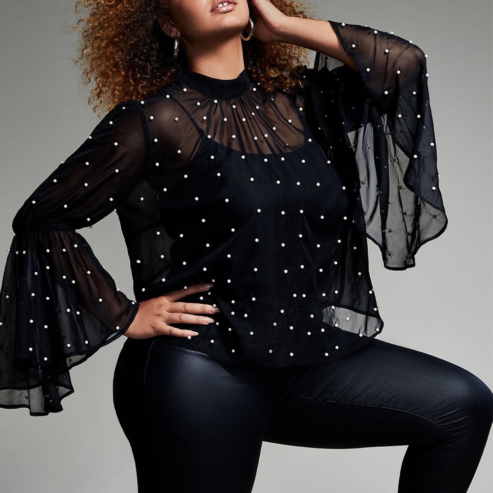 Black sheer Pearl detailed blouse bell sleeves ELOQUII size 28 NWOT